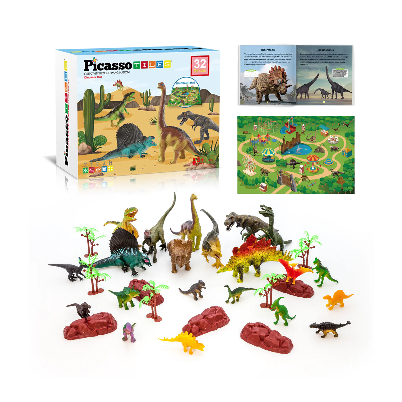 Picasso 32pcs Dinosaur Action Figures w/Playmat