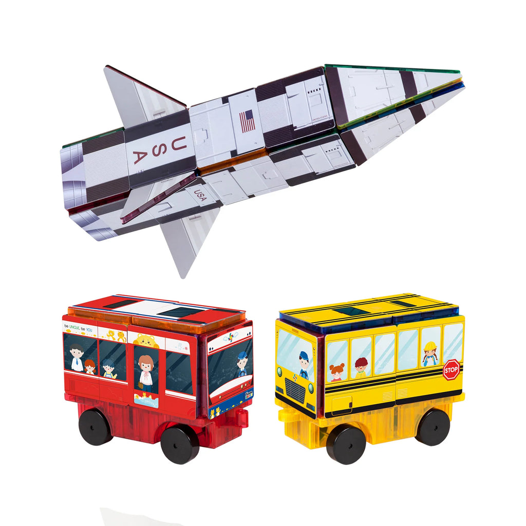 Picasso 64pc  Set de Cohete, tren y autobus escolar