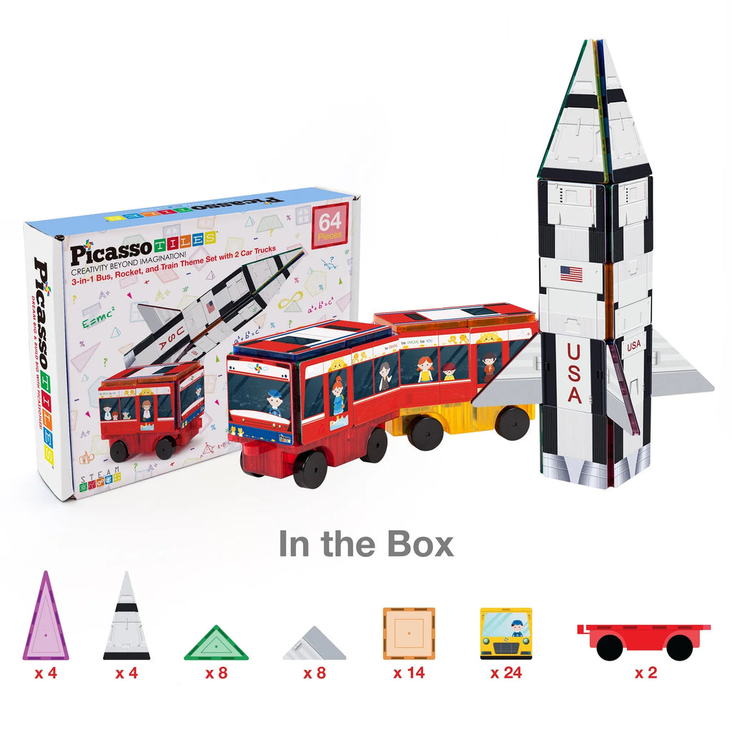 Picasso 64pc  Set de Cohete, tren y autobus escolar