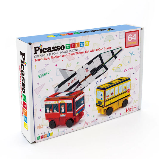 Picasso  64pc  Rocket,  Train  and  School  Bus  Theme  Set