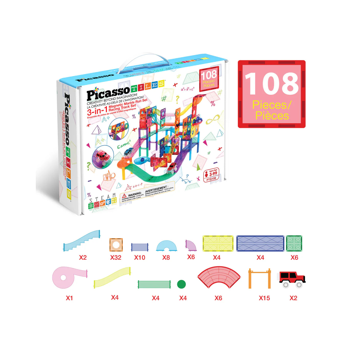 Picasso 108pc 2-in-1 magnetic marble Pista de carros y canicas
