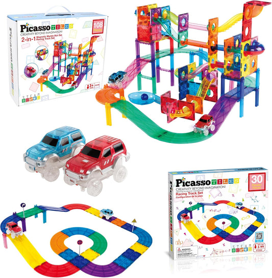 Picasso  108pc  2-in-1  magnetic  marble  Pista de  carros  y  canicas