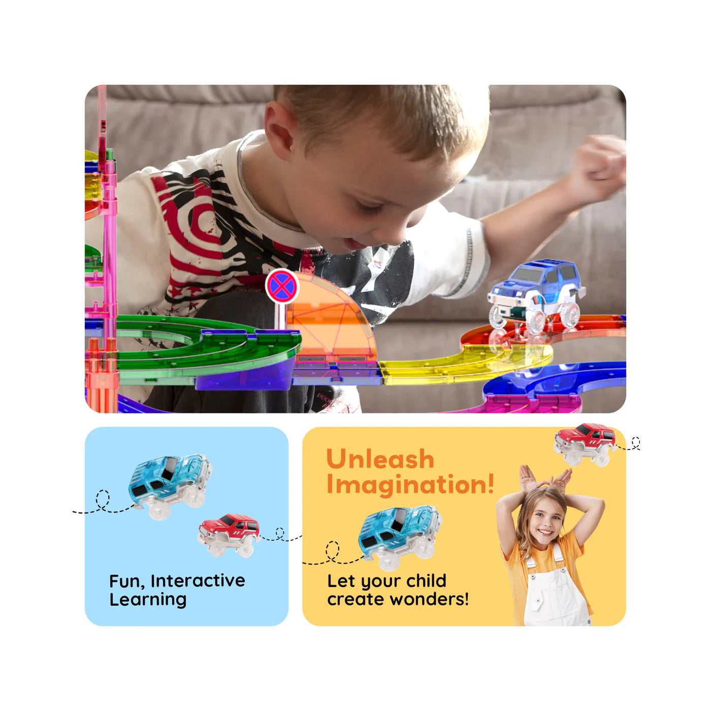 100pc  Pista de carros y bloques magneticos/ 2 LED cars